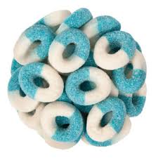 BLUE RASPBERRY FLAVOR RINGS. 8 OZ BAG.