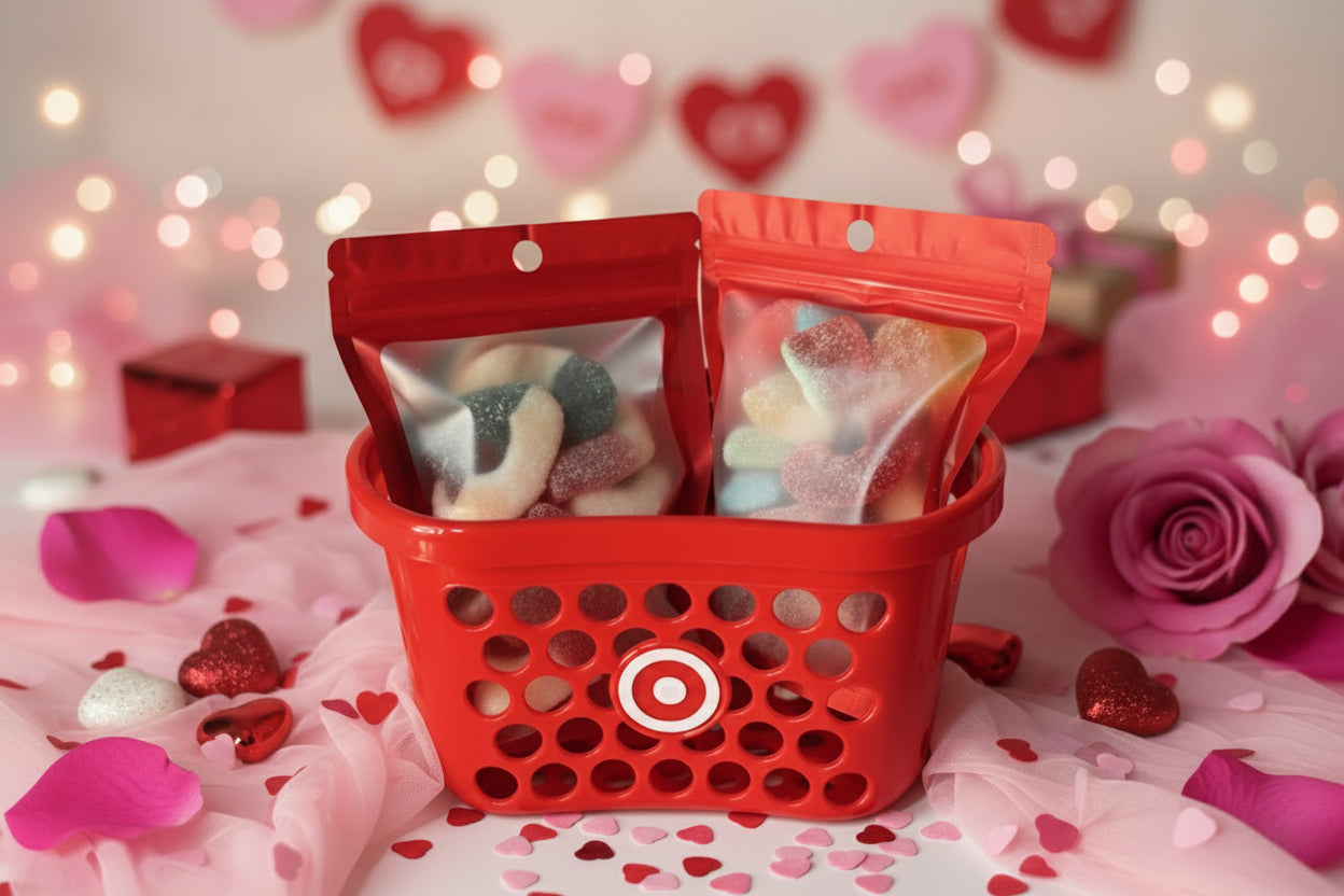Valentines gift basket with 2 bags of mixed gummies.