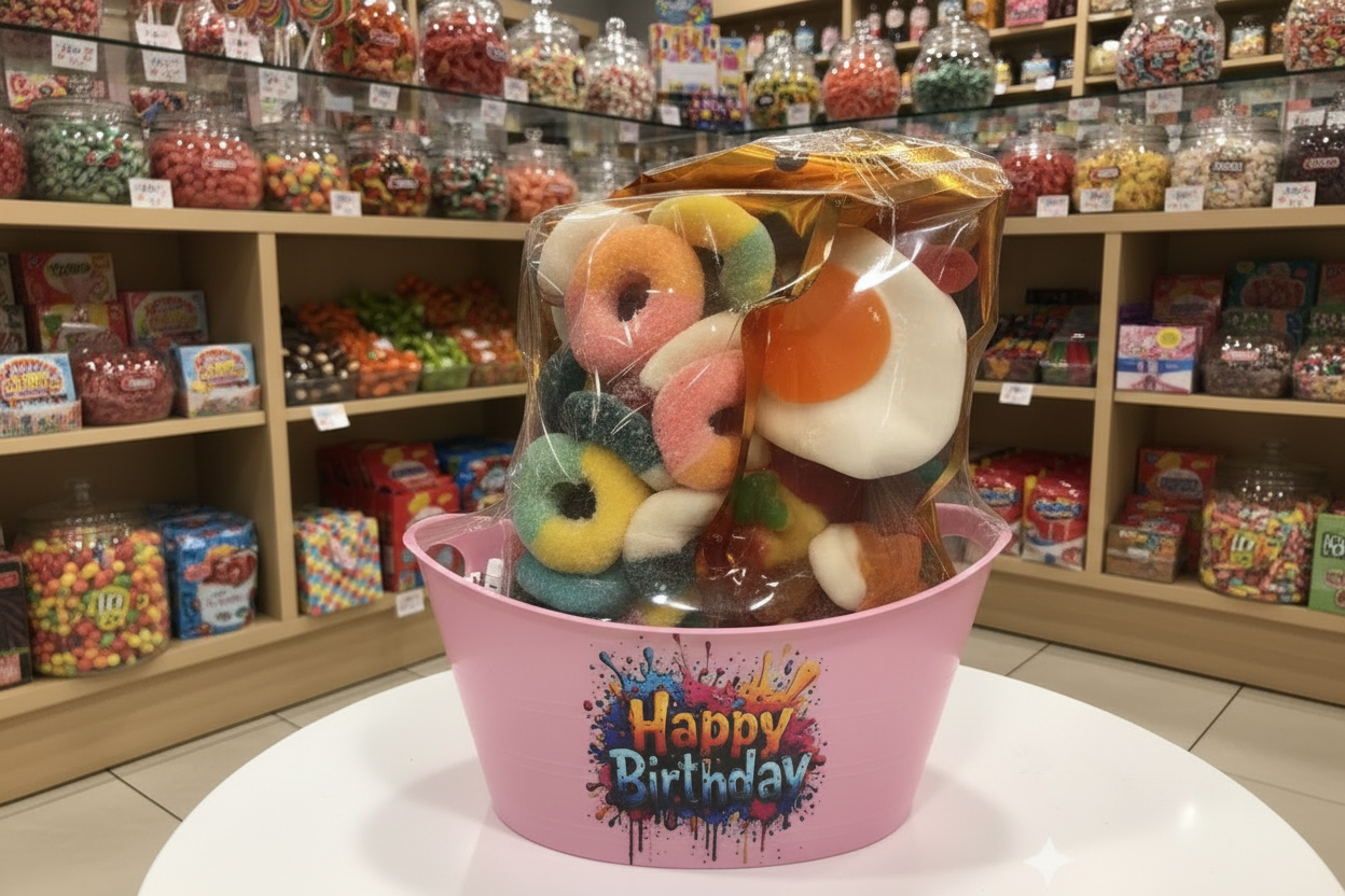 Birthday Basket with 8 oz gummy mix bag.