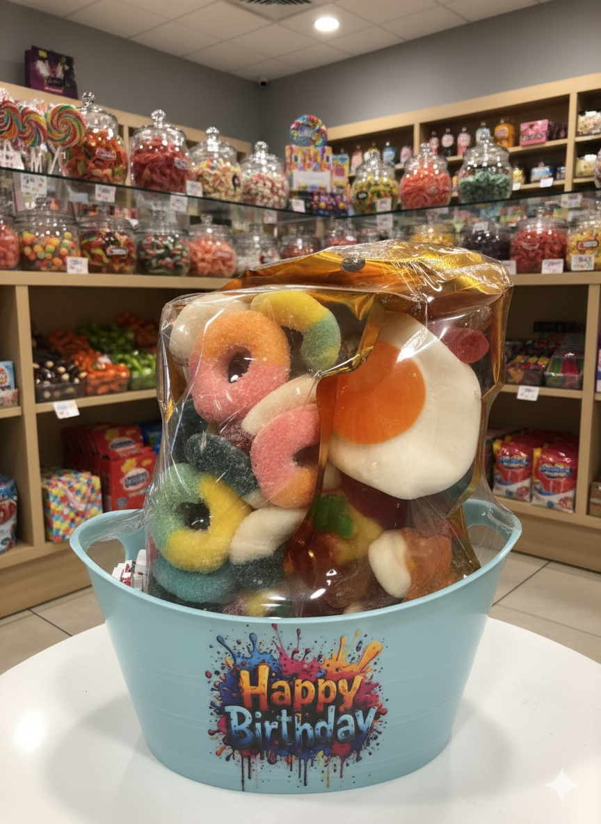 Birthday Basket with 8 oz gummy mix bag.