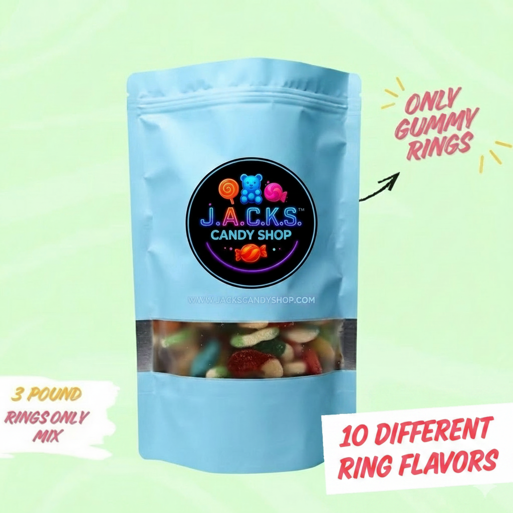 Rings Only - 1/2 lb, 1 lb, 2 lb, & 3 lb   10 Different ring types in these bags - Quality Ingredients & Freshness Guaranteed - Chewy, Soft, & Juicy - Candy Snack