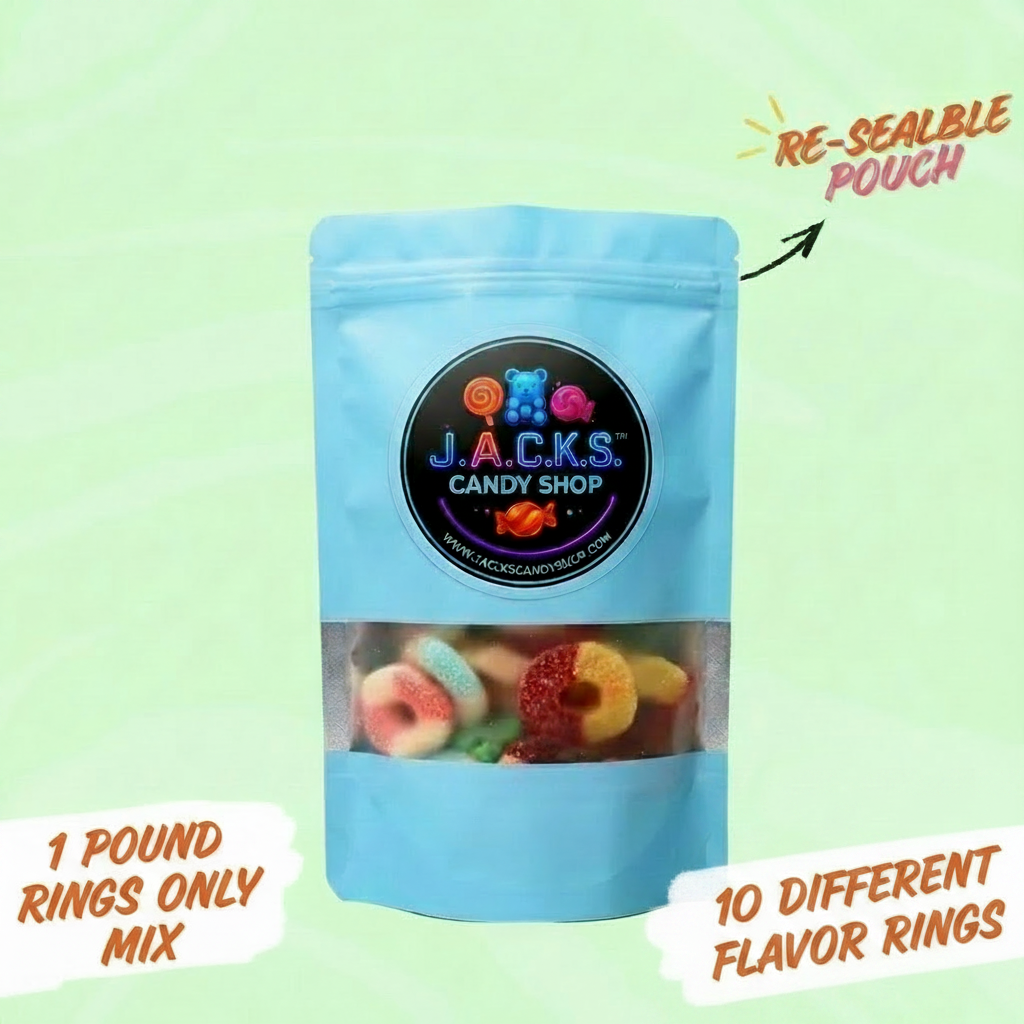 Rings Only - 1/2 lb, 1 lb, 2 lb, & 3 lb   10 Different ring types in these bags - Quality Ingredients & Freshness Guaranteed - Chewy, Soft, & Juicy - Candy Snack