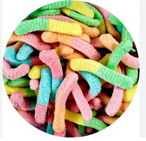 NEON WORMS GUMMY CANDY JUST ENOUGH BAG.