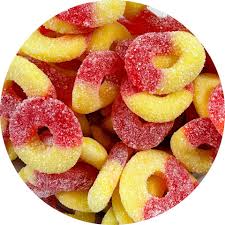 JOVY PEACH GUMMY FLAVOR RINGS 1/2 pound bag.